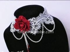 Vampire Party Night Red Rose White Lace Lolita Necklace