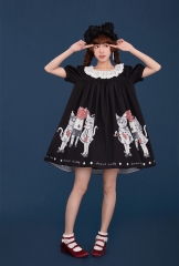 Summer Fairy -The Cats and The Mushrooms- Sweet Casual Lolita OP Dress (Round Collar Version)