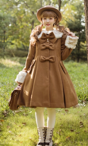 Coffee Brown Lolita Coat Pom Poms Color Block Overcoat Polyester
