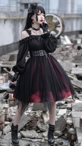 open lace back dress Lolita Dark Girl Nancy Halloween Princess Long Sleeve Dress M
