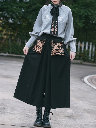 The Mysterious Demons Embroidered Wa Lolita Wide-Leg Trousers