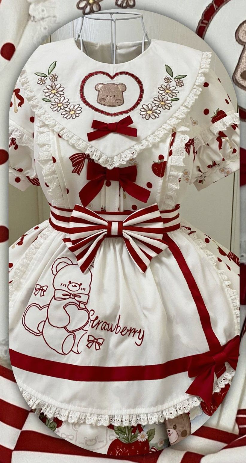 Bear's Strawberry House Sweet Lolita OP Dress, Apron and Headbow